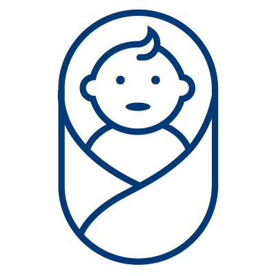 Icon with a baby indicating ABENA's wide assortment of baby diapers manufactured in-house