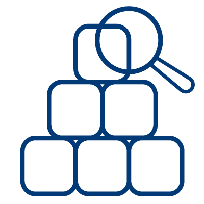 Icon of multiple boxes stacked and a magnifying glass